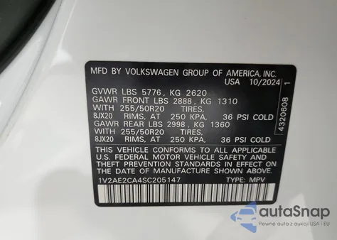 2025 Volkswagen Atlas Cross Sport Sel R-Line z USA, uszkodzony, nr VIN 1V2AE2CA4SC205147
